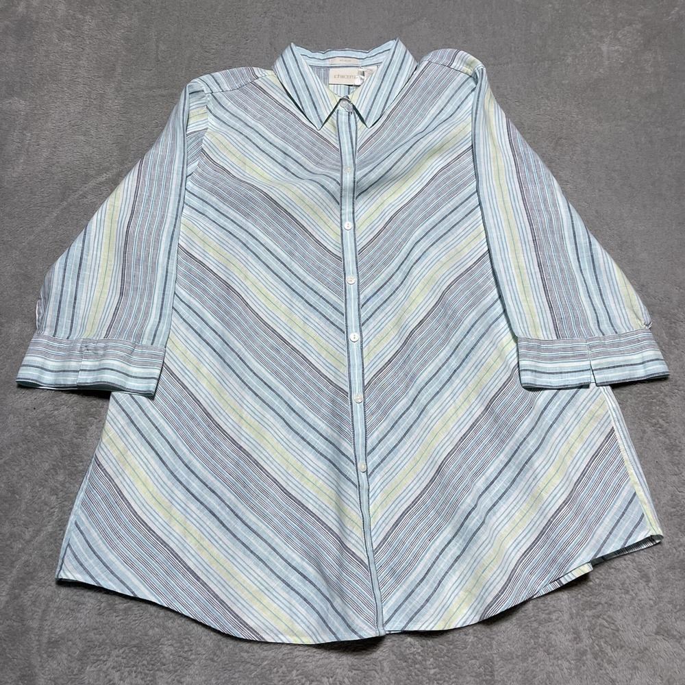 Chicos Top Womens XL Chicos 3 Blue Linen Stripe Button Up Shirt Blouse Tunic
